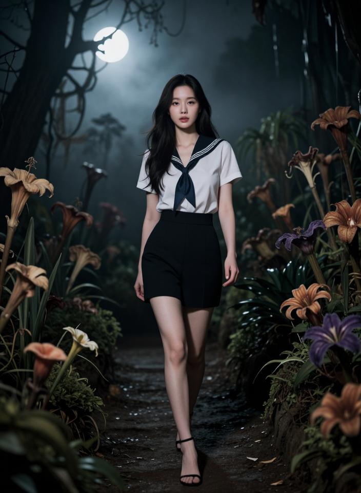 밤의 정원을 걷는 여인